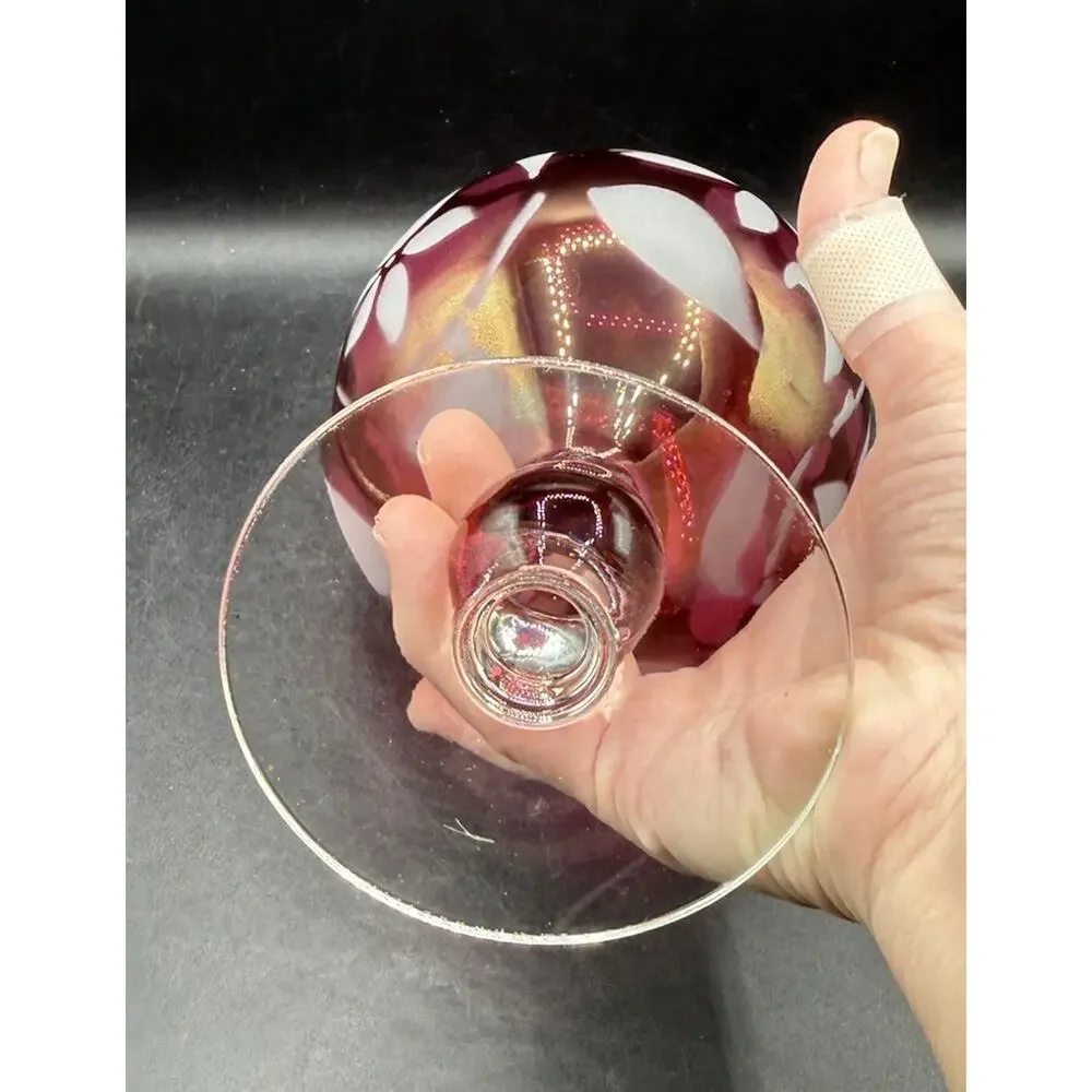 Cranberry Flower Rose Bowl Vase Glass Etched Pedestal Ruffled Rim Vintage